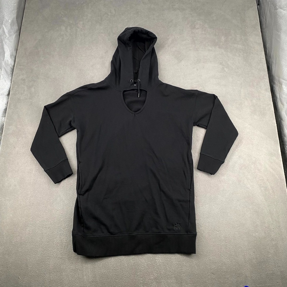DKNY Sport Hoodie Womens Medium Black Cotton Knit Ribbed Keyhole Front Thermal